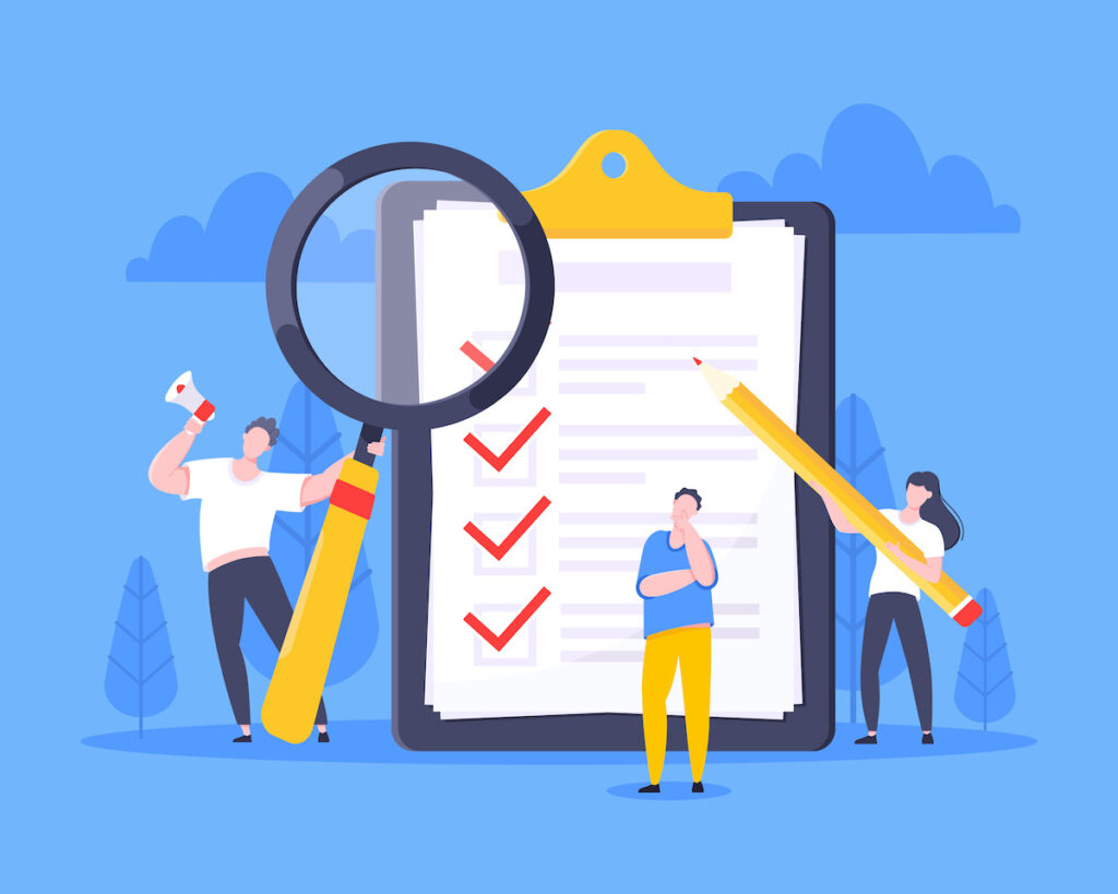 Checklist complete business concept tiny people with pencil, magnifying glass nearby giant clipboard, task done and check mark ticks flat style design vector illustration isolated white background.